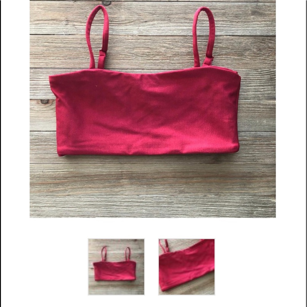 Red Brazilian ribbed crop bandeau style swim top